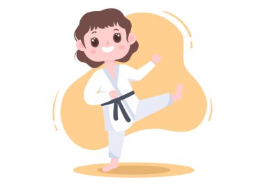 Tatlı Çizgi film Çocukları Temel Karate Sanatları Hareketleri Yapıyor, Poz Veriyor ve Düz Tarz Arkaplan Resimlerinde Kimono Giyiyor