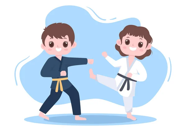 Tatlı Çizgi Film Çocukları Temel Karate Sanatları Hareketleri Yapıyor Poz — Stok Vektör
