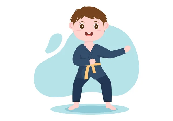 Niedliche Cartoon Kinder Die Einige Grundlegende Karate Kampfkünste Ausführen Pose — Stockvektor