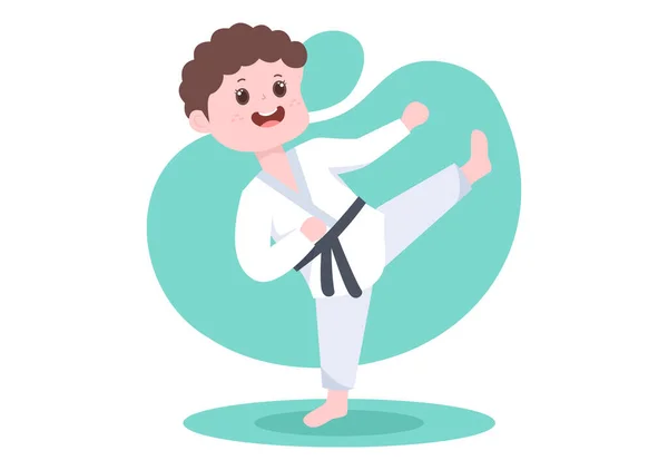 Cute Cartoon Kids Doing Some Basic Karate Martial Arts Moves, fighting Pose and Wearing Kimono in Flat Style Background Vector Illustration