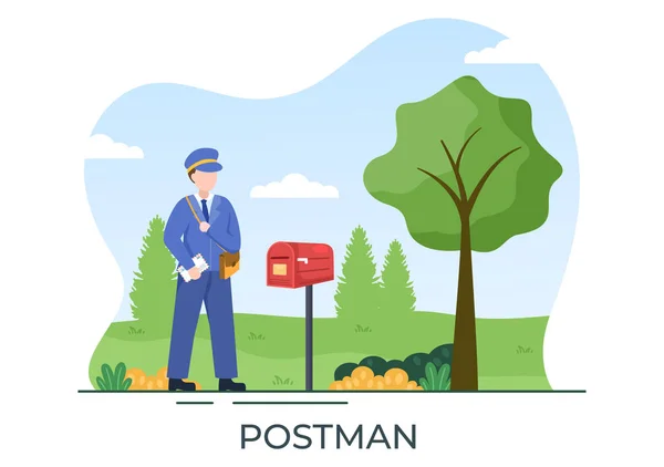 Postman Cartoon Vector Illustration Wearing Uniform Carrying Backpack Containing Letters — Stock Vector
