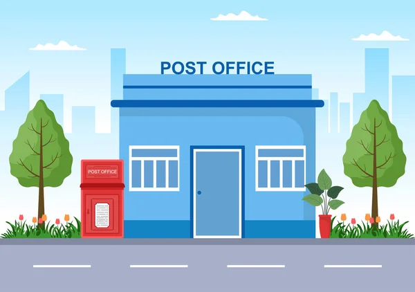 Postmann Cartoon Building Vector Illustration Trägt Eine Uniform Die Einen — Stockvektor