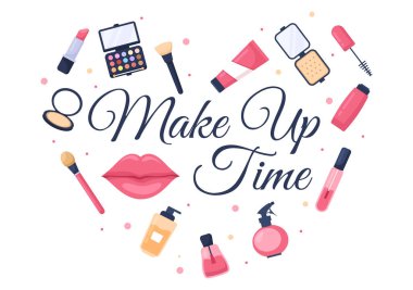 Cazibeli Kız Makyaj Koleksiyonu Tırnak cilası, Maskara, Ruj, Gözkapakları, Fırça veya Düz Çizgi Roman Vektör Resimlerinde Toz