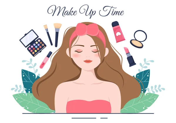 Make Cosmetics Gyűjteménye Glamour Lány Mint Körömlakk Szempillaspirál Rúzs Szemhéjpúder — Stock Vector
