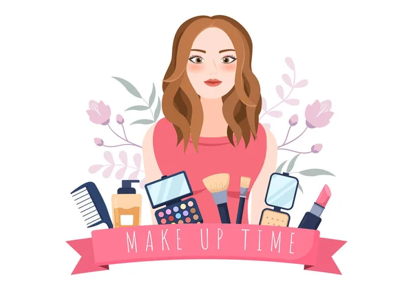 Make Cosmetics Gyűjteménye Glamour Lány Mint Körömlakk Szempillaspirál Rúzs Szemhéjpúder — Stock Vector