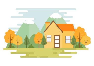 Doğanın ve manzaranın Eşsiz Ağaçlar, Ormanlar, Dağlar, Çiçekler veya İlkbahar ve Yaz Arkaplanı Soyut Şekiller Farklı Düz Resim Tarzı