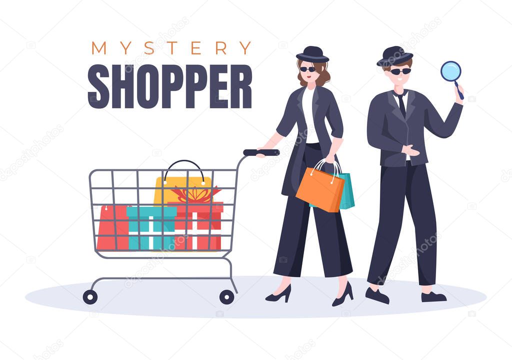 Mystery Shopper with Bags in Sunglasses, Magnifier, Spy Coats and Hats in Flat Cartoon Style Illustration