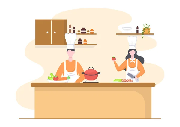 Professional Chef Cartoon Character Cooking Illustration with Different Trays and Food to Serve Delicious Food Made in Kitchen Suitable for Poster