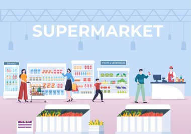 Düz Çizgi Çizgi Roman Çizimi 'nde Rafları, Market Malzemeleri ve Tam Alışveriş Arabası, Perakende, Ürün ve Tüketicileri Olan Süpermarket
