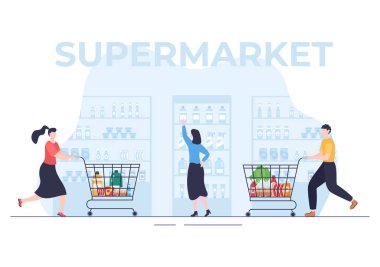 Düz Çizgi Çizgi Roman Çizimi 'nde Rafları, Market Malzemeleri ve Tam Alışveriş Arabası, Perakende, Ürün ve Tüketicileri Olan Süpermarket