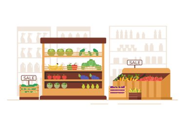 Düz Çizgi Çizgi Roman Çizimi 'nde Rafları, Market Malzemeleri ve Tam Alışveriş Arabası, Perakende, Ürün ve Tüketicileri Olan Süpermarket