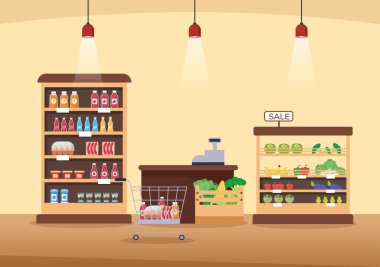 Düz Çizgi Çizgi Roman Çizimi 'nde Rafları, Market Malzemeleri ve Tam Alışveriş Arabası, Perakende, Ürün ve Tüketicileri Olan Süpermarket