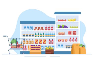 Düz Çizgi Çizgi Roman Çizimi 'nde Rafları, Market Malzemeleri ve Tam Alışveriş Arabası, Perakende, Ürün ve Tüketicileri Olan Süpermarket