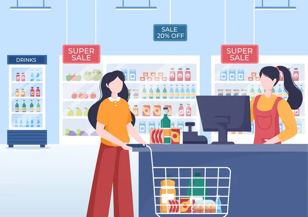 Supermercado Com Prateleiras Artigos Mercearia Carrinho Compras Completo Varejo Produtos — Vetor de Stock