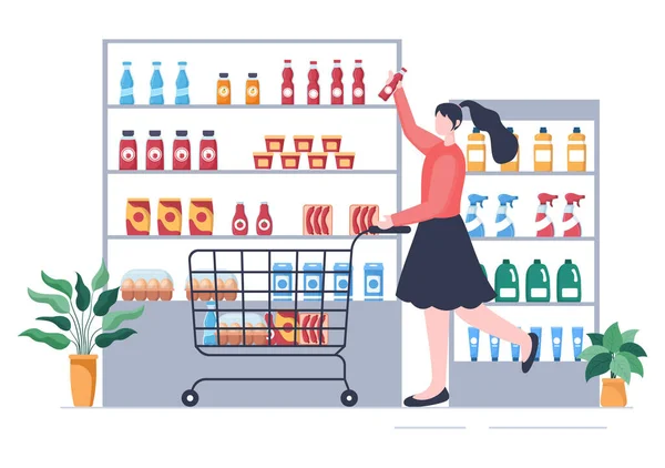 Supermarché Avec Étagères Articles Épicerie Panier Complet Vente Détail Produits — Image vectorielle