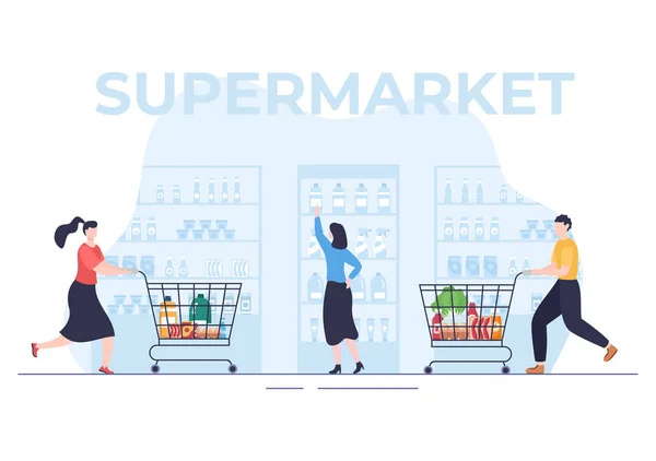 Supermercado Con Estantes Artículos Comestibles Carrito Compras Completo Venta Por — Vector de stock