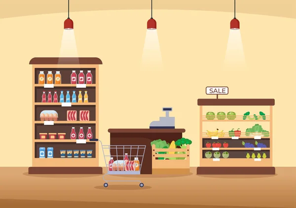 平板漫画背景图上有货架 日用品及全款购物车 产品及消费者的超级市场 — 图库矢量图片