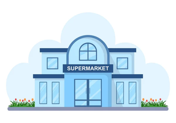 Supermarket Building Shelves Grocery Items Full Shopping Cart Retail Products — 스톡 벡터