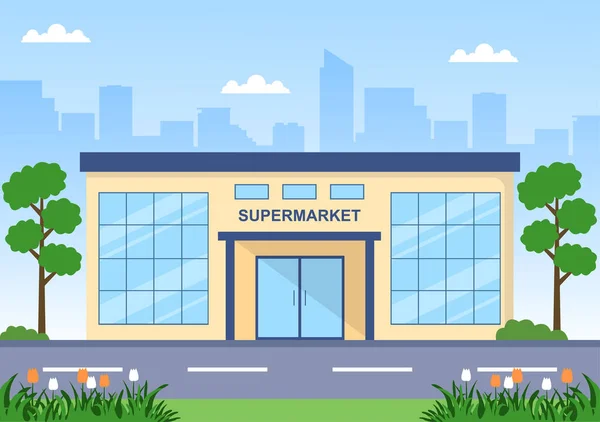 Szupermarketek Építése Polcokkal Élelmiszerekkel Teljes Bevásárlókosárral Kiskereskedelemmel Termékekkel Fogyasztókkal Lapos — Stock Vector