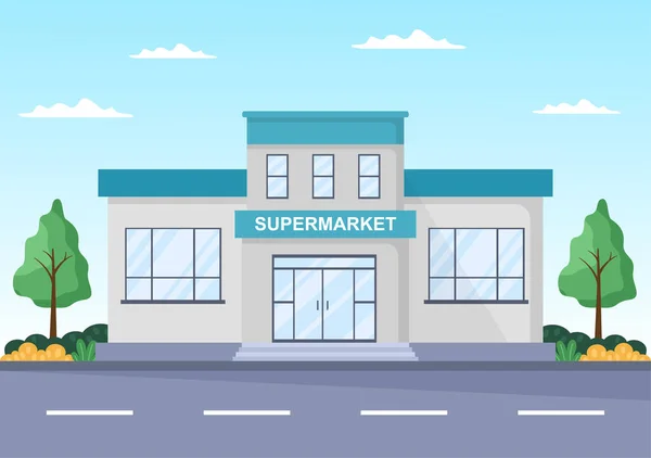 平板漫画背景图片说明中的带有货架 日用品和全购物车 产品和消费者的超级市场大楼 — 图库矢量图片