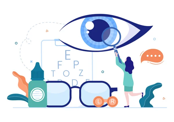 Oftalmología Chequeos Vista Del Paciente Prueba Ojos Ópticos Tecnología Anteojos — Vector de stock