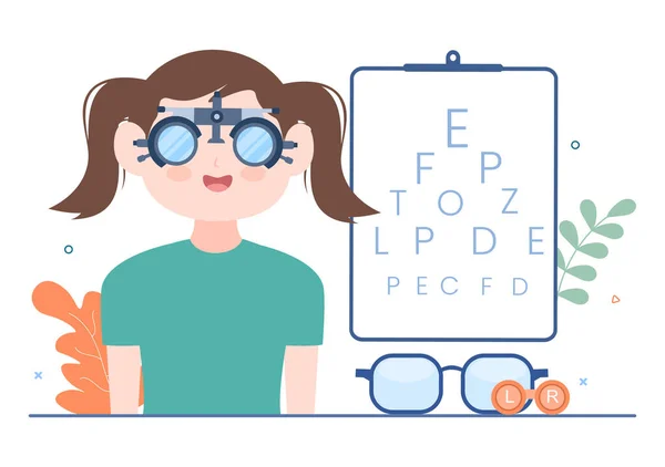 平面卡通画中检查视力 光学眼科检查 眼镜技术及选用带矫正视力的眼镜 — 图库矢量图片