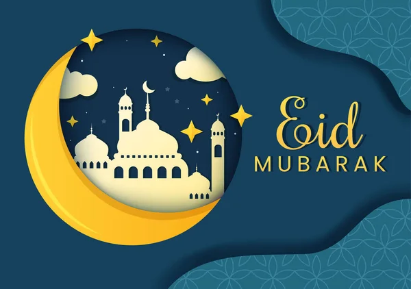 Happy Eid Fitr Mubarak Hintergrundillustration Mit Bildern Von Moscheen Mond — Stockvektor