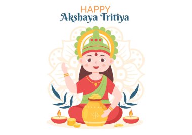 Dhanteras için Altın Kalaş, Altın Paralar ve Altın Madeni Paralarla Akshaya Tritiya Festivali Hint Dekoratif Arkaplan Şablonu Üzerine Maa Lakshmi ile Kutlama