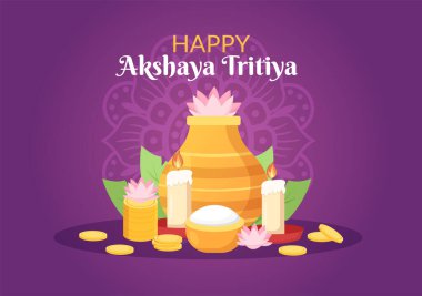 Dhanteras için Altın Kalaş, Altın Para ve Altın Paralarla Akshaya Tritiya Festivali Dekorasyonlu Arkaplan Şablonu Kutlaması
