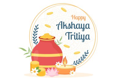 Dhanteras için Altın Kalaş, Altın Para ve Altın Paralarla Akshaya Tritiya Festivali Dekorasyonlu Arkaplan Şablonu Kutlaması