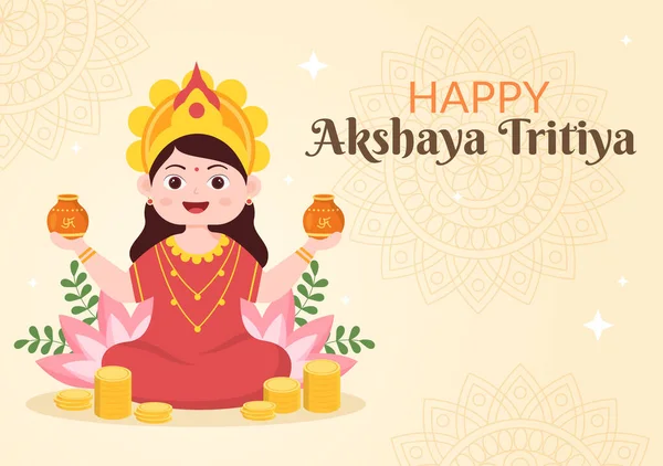 Dhanteras için Altın Kalaş, Altın Paralar ve Altın Madeni Paralarla Akshaya Tritiya Festivali Hint Dekoratif Arkaplan Şablonu Üzerine Maa Lakshmi ile Kutlama
