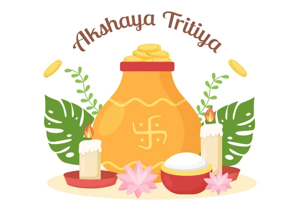 Akshaya Tritiya Festival Con Kalash Oro Olla Monedas Oro Para — Vector de stock