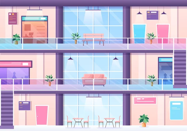Einkaufszentrum Moderne Hintergrundillustration Mit Innenraum Rolltreppe Und Verschiedenen Einzelhandelsgeschäften Flachen — Stockvektor