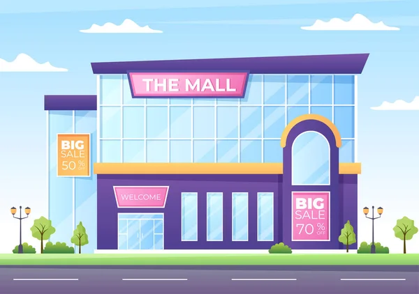 Moderne Shopping Mall Gebäude Hintergrundillustration Mit Exterieur Und Verschiedene Geschäfte — Stockvektor