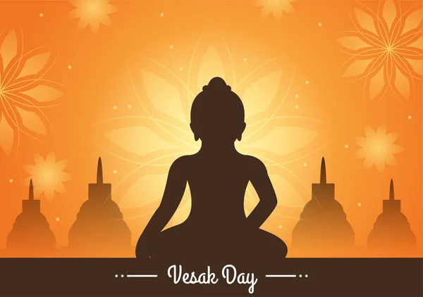 Vesak Day Ünnep Temple Silhouette Lótusz Virág Dekoráció Lámpás Vagy — Stock Vector
