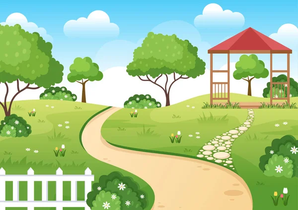 Beautiful Garden Cartoon Background Illustration Landscape Nature Plant Flowers Tree — стоковий вектор