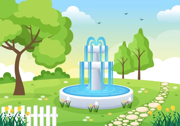 Schöne Garten Cartoon Hintergrund Illustration Mit Einer Landschaft Natur Aus — Stockvektor