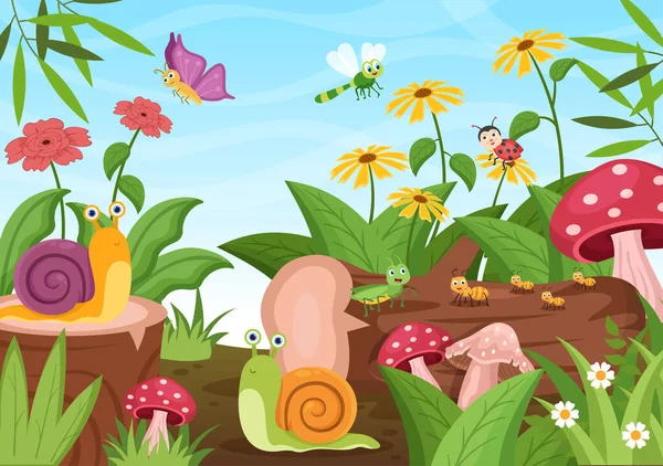 Krásná Zahrada Karikatura Pozadí Ilustrace Scenérií Povaha Rostlin Různá Zvířata — Stockový vektor