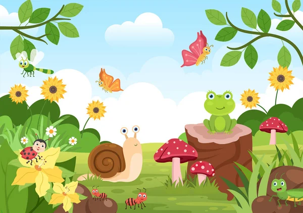 Beautiful Garden Cartoon Background Illustration Scenery Nature Plants Various Animals — стоковий вектор