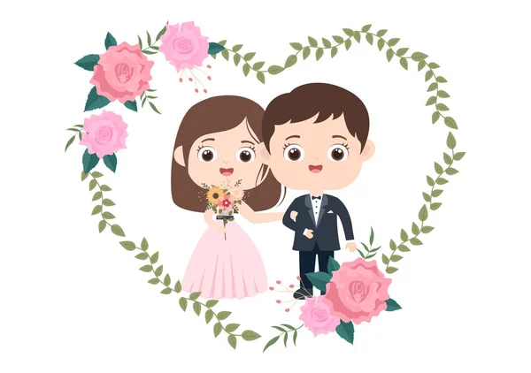 美しい花の装飾が施された結婚式や結婚式を祝う幸せなカップルフラット背景漫画スタイルのイラストの屋外部屋 — ストックベクタ