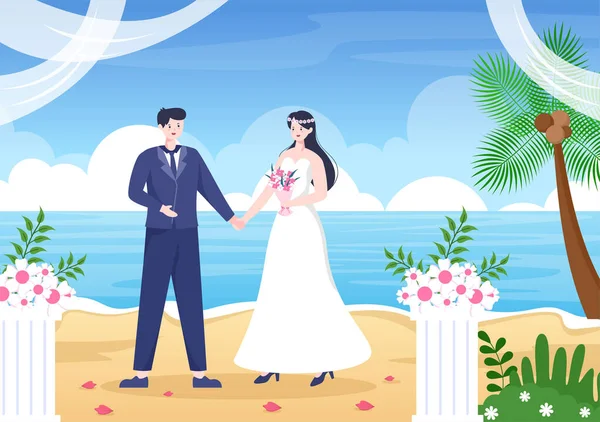 美しい花の装飾が施された結婚式や結婚式を祝う幸せなカップルフラット背景漫画スタイルのイラストの屋外部屋 — ストックベクタ