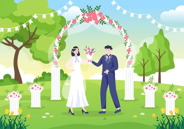 Gelukkig Paar Vieren Bruiloft Huwelijksceremonie Met Mooie Bloem Decoraties Buiten — Stockvector