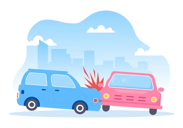 Incidente Automobilistico Sfondo Illustrazione Con Due Auto Collisione Colpire Qualcosa — Vettoriale Stock