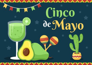 Cinco de Mayo Meksika Tatil Karikatürü Karikatür Tarzı Kaktüs, Gitar, Sombrero ve Poster ve Tebrik Kartı İçin Tekila İçme