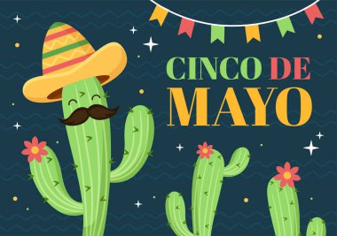 Cinco de Mayo Meksika Tatil Karikatürü Karikatür Tarzı Kaktüs, Gitar, Sombrero ve Poster ve Tebrik Kartı İçin Tekila İçme