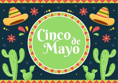 Cinco de Mayo Meksika Tatil Karikatürü Karikatür Tarzı Kaktüs, Gitar, Sombrero ve Poster ve Tebrik Kartı İçin Tekila İçme