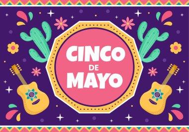 Cinco de Mayo Meksika Tatil Karikatürü Karikatür Tarzı Kaktüs, Gitar, Sombrero ve Poster ve Tebrik Kartı İçin Tekila İçme