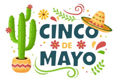 Cinco de Mayo Meksika Tatil Karikatürü Karikatür Tarzı Kaktüs, Gitar, Sombrero ve Poster ve Tebrik Kartı İçin Tekila İçme
