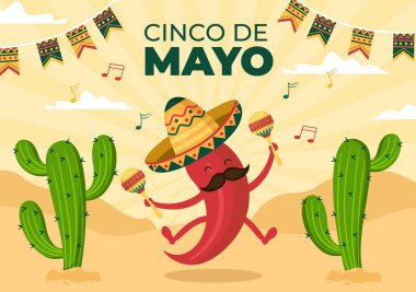 Cinco de Mayo Meksika Tatil Karikatürü Karikatür Tarzı Kaktüs, Gitar, Sombrero ve Poster ve Tebrik Kartı İçin Tekila İçme