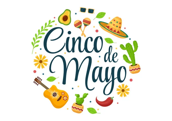 Cinco Mayo Mexikanische Feiertagsillustration Cartoon Stil Mit Kaktus Gitarre Sombrero — Stockvektor